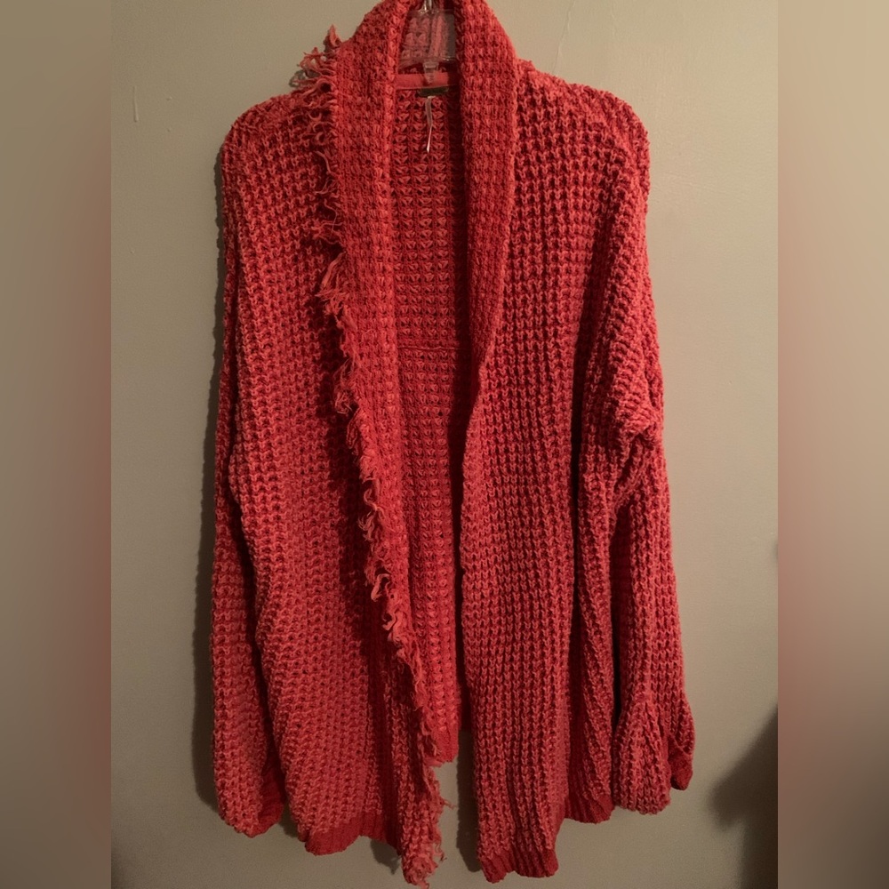 Free People I’ll Be Around Coral Orange Fringe Trim Cardigan Sweater Size S - Picture 4 of 5